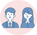 丸い薄ピンク背景にスーツを着た男性とシャツを着た女性の笑顔のグレーのイラスト