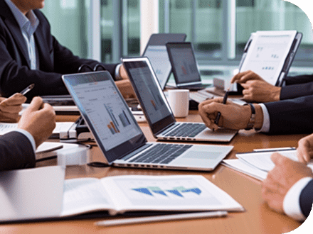 会議室で打合せをしていて、机の上にある開いた5台のパソコンや資料、打合せをしている人たちの手元がうつった写真